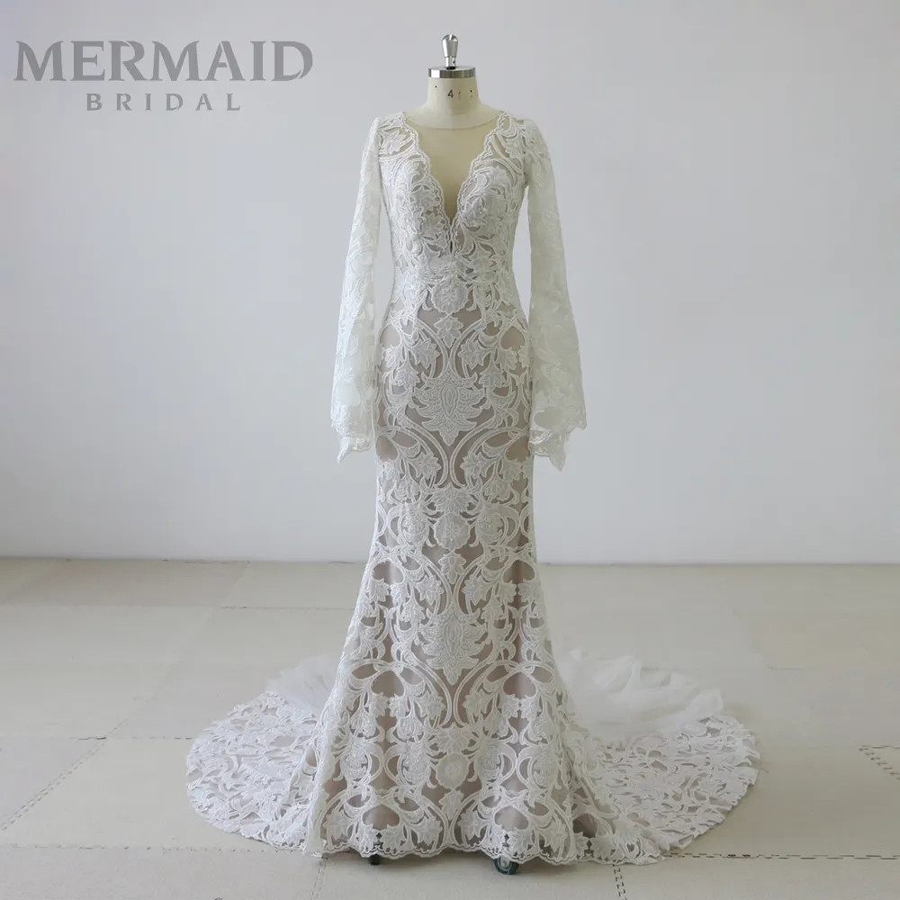 Deep v neck long sleeve lace wedding gown beauty bridal mermaid wedding dress
