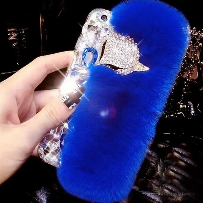 Big Rhinestone diamond Real rabbit fur hard cover case For iphone 5s 6 / 6plus 7/7plus X 8 bling Case