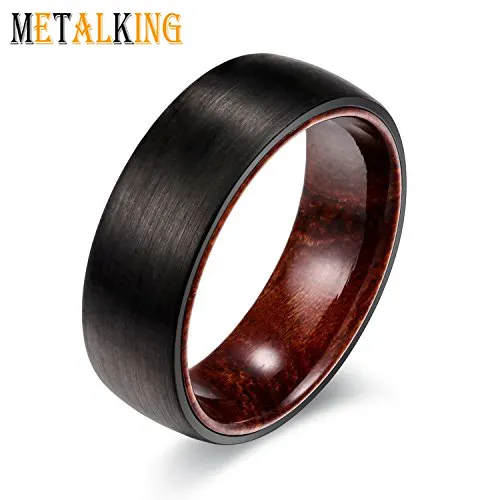 แหวนแต่งงานทังสเตนสำหรับผู้ชาย8มม. พร้อมไม้โรสวูดด้านในแปรงแหวนแต่งงานสีดำ