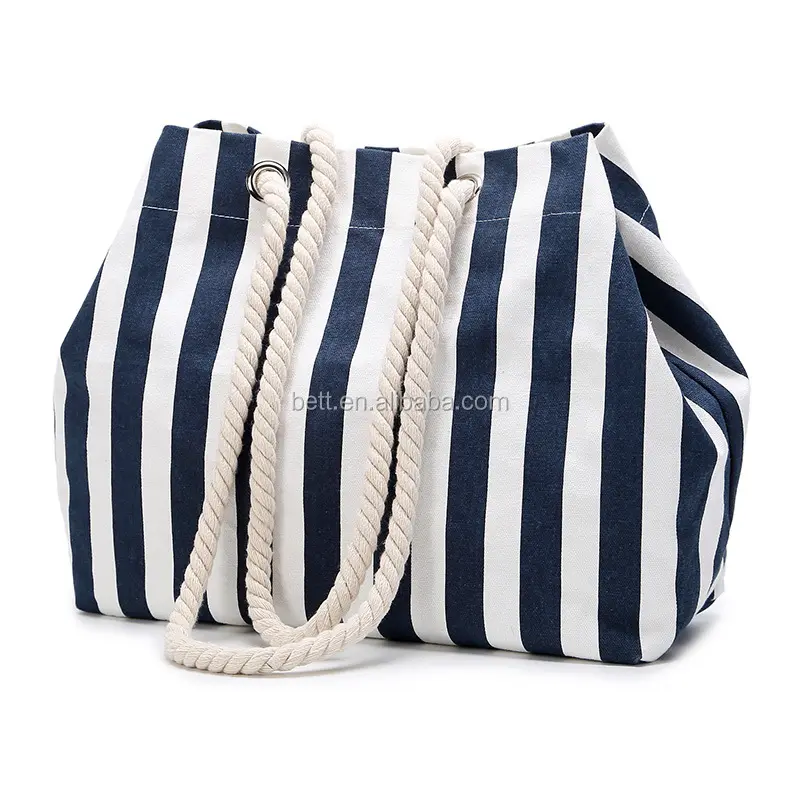 promotion striped canvas tote bag with cotton rope handle blue white summer cotton beach bag