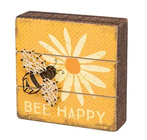 Bee Happy 6 ", квадратный, со шнурком, художественная планка, деревянная коробка, знак