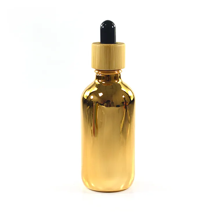 Novo produto galvanoplastia ouro e prata 30ml tampa de bambu óleo essencial frasco de vidro com pipeta