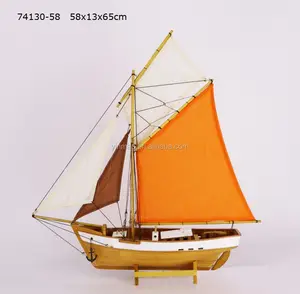 Wooden fishing boat with sails, "58x13x65cm", Yellow 2 masts nautical ship model, replic vessel yacht model decoration souvenir