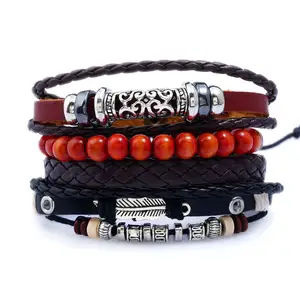 Mannen Sieraden Vintage Armbanden Gift Boho Rock Hout Kralen Armband Mannen Multilayer Lederen Armband