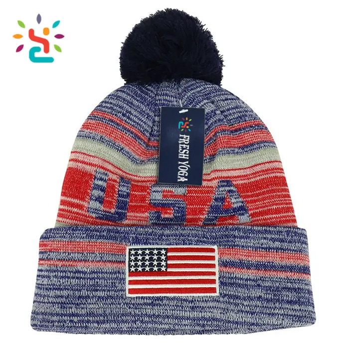 Personalized American Flag Embroidery patch Pom Beanie jacquard USA fashion headwear beanies