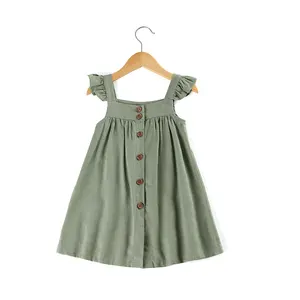 RTS Little Baby Girls Linen Ruffled Pinafore Apron Back Button Flower Girl Dress Popular Toddler Summer Dresses