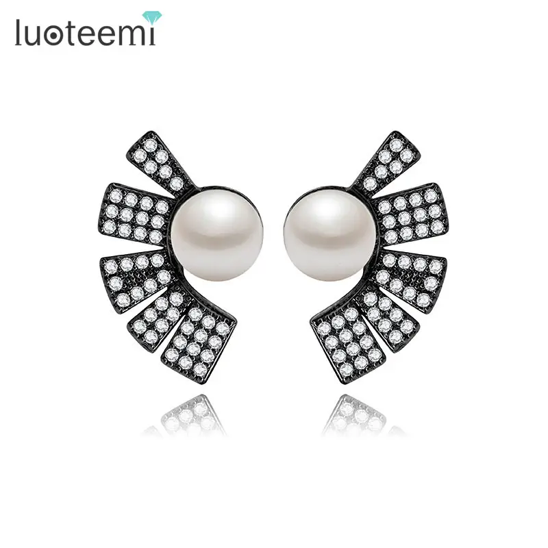 LUOTEEMI Rhinestone Bông Tai Ngọc Trai Brincos Hợp Thời Trang Thương Hiệu Stylish Cubic Zirconia Với Ngọc Trai Kim Cương Ear Stud Phụ Nữ Bông Tai