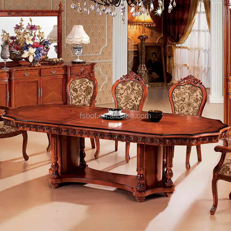 Vendita calda in legno massello europeo stile antico francese tavolo da pranzo ovale sedia tavoli da pranzo in legno M622-829 tondo di grandi dimensioni