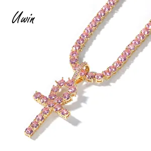 Hip Hop Pink Crystal Cross Bling Brass Zircon Ankh Pendant Man Woman Charm Ankh Jewelry