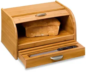 Wooden Bread Box Knife Storage for Kitchen Counter with a Push drawer
