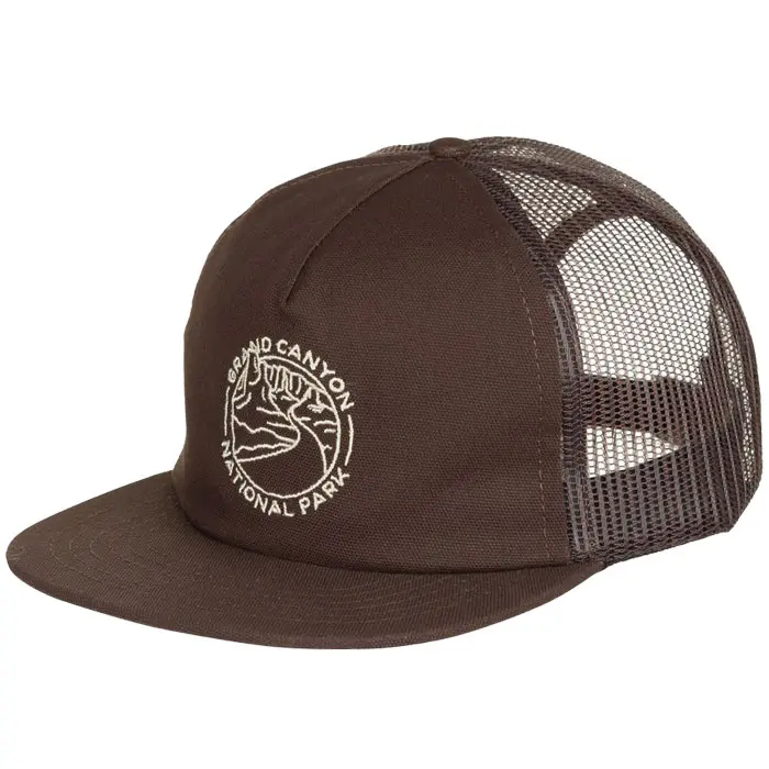 Custom mode bruine kleur verontruste 5 panel platte rand mesh trucker cap