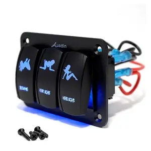 3 Gang Switch Panel Set Marine Rocker Switch On-Off Button Led Backlit Blue 12/24V with Holder 16 Gauge Wiring Harness