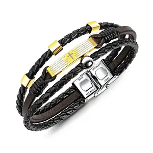 Marlary New 18K placcato oro scrittura croce religione acciaio Bar bracciale in pelle uomo braccialetto produttore