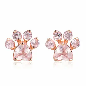 High Quality Female Rose Gold Plating Cute Tiny Cat Pink Paw Zircon Stud Earrings Earrings