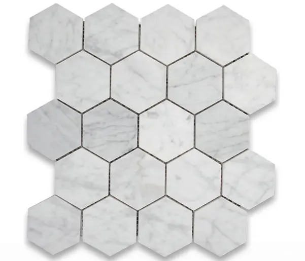 Telha hexagonal em pedra natural, padrão mosaico de mármore branco quadara hexágono carara