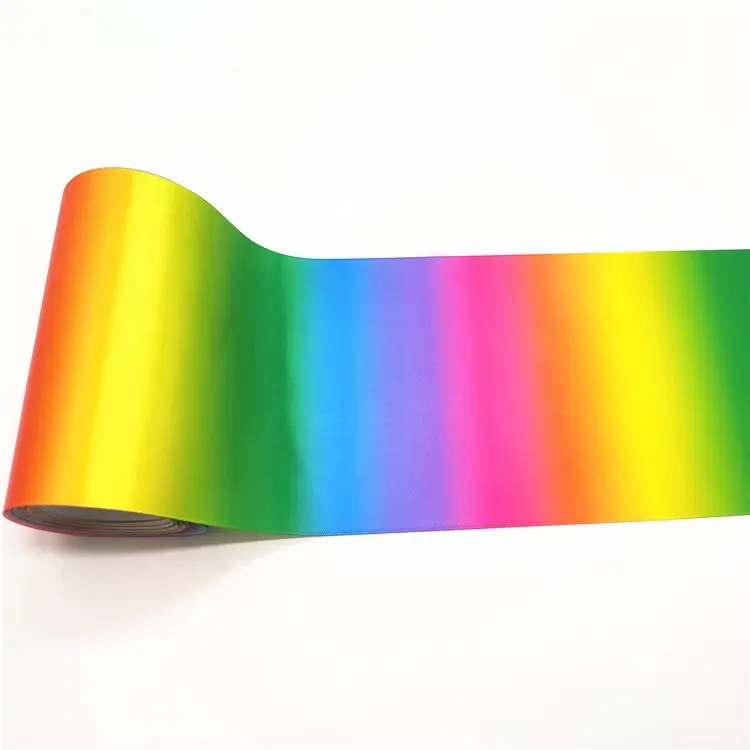 100mm 4 inch Colorful Rainbow Heat Transfer Printed Polyester Satin Ribbon for Hair Bows