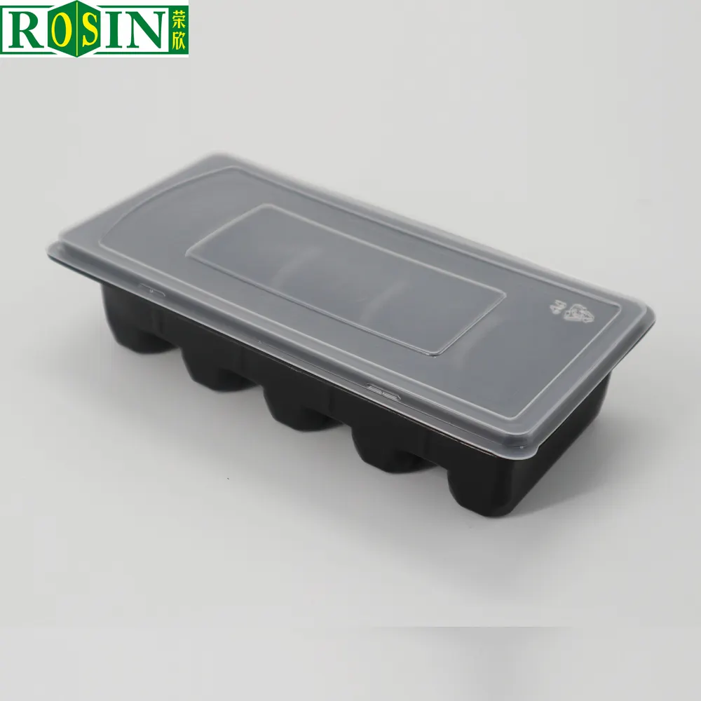 Wegwerp Zwart Voedsel Container Pp Plastic Bol Lade 5 Compretment Met Deksel