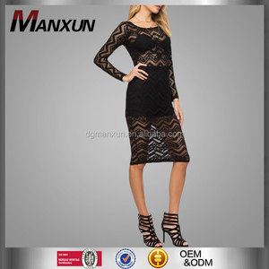 Señoras sexy vestido transparente negro ajustado de manga larga vestido de noche - Product Image 1