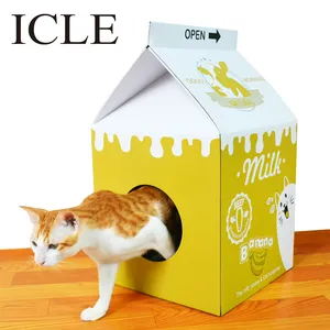 Ic-1036-Yellow 瓦楞纸免费猫薄荷猫用品房子与纸板猫 Scratcher 的牛奶盒