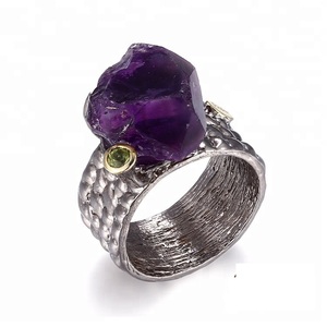 Fatti a mano di Grandi <span class=keywords><strong>Ametista</strong></span> <span class=keywords><strong>Pietra</strong></span> Grezza 925 <span class=keywords><strong>Anello</strong></span> In Argento Sterling - Product Image 1