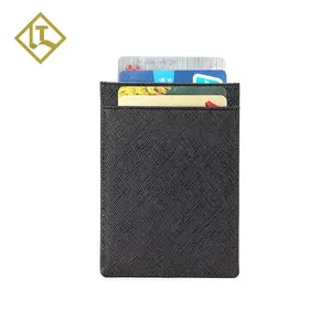 Portatarjetas de cuero saffiano rfid genuino negro de diseño personalizado para hombre de negocios