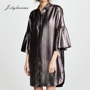 En gros femmes rayé métal texture trompette manches revers droite midi robe - Product Image 5