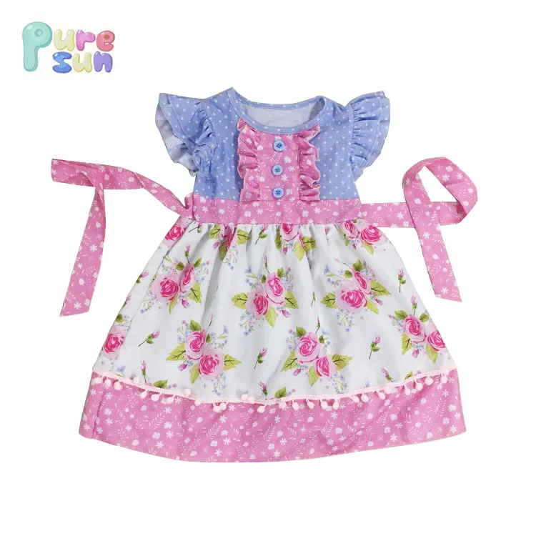 High Quality Toddler Girls Baby Stitching Ruffle Flutter Sleeve Children Clothes Floral Printing Band Fashion Cotton Dress