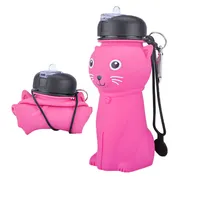 ขวดน้ำสำหรับเด็กผู้หญิง,ที่ใส่น้ำดีไซน์แมวสีชมพูพับเก็บได้ถอดที่จับได้ปราศจาก BPA กันการรั่วซึม