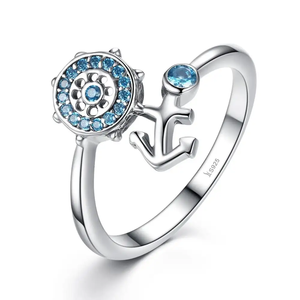 Anello SCR005 S925 argento personalizzato Naval Windship Anchor forato argento moda donna anello aperto Blue Gemstone BOHEMIA zircone