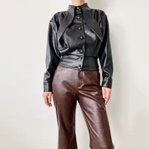 Korean Style Girls Real Lambskin Leather Shirt Spring Unique High Street Design Leather Blouse Ladies Leather Short Jacket