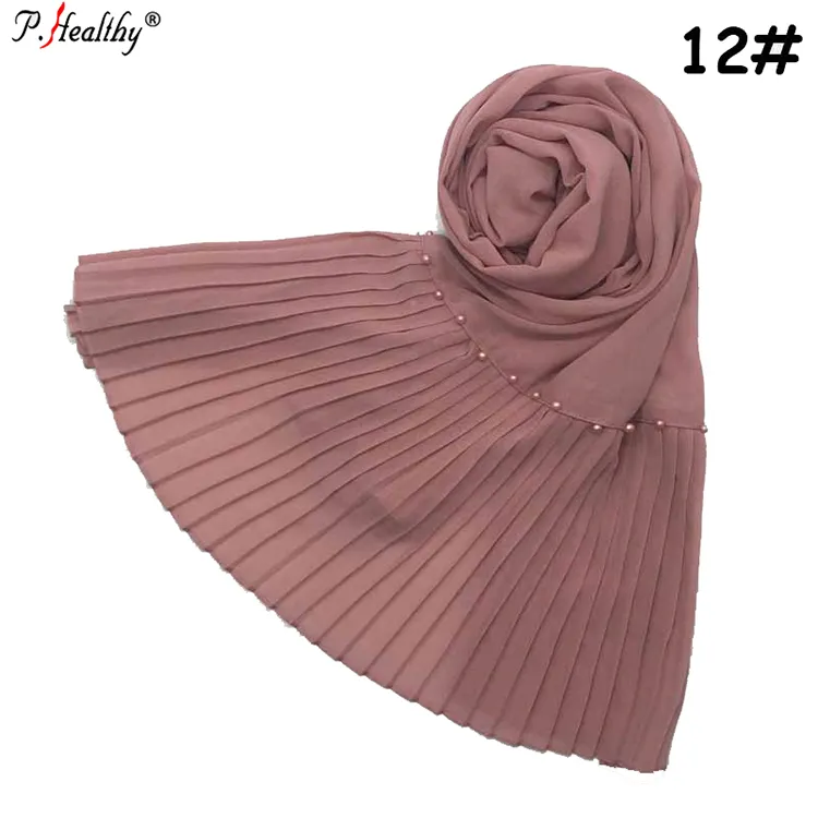 Usine Solide Couleur Mousseline de Soie Hijab Avec Perles Long Châle Écharpe De Mode Plissée En Mousseline de Soie Foulards