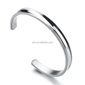 High Polished 18K Silver Plated Stainless Steel Bracelet Grooved Cuff Bangle
