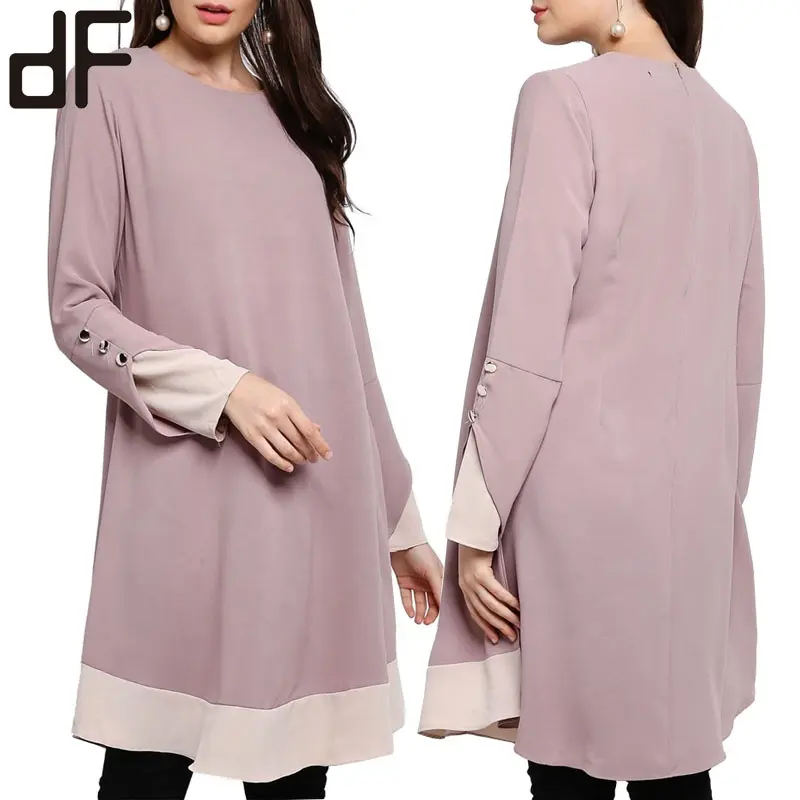 เสื้อผ้าอิสลามที่กำหนดเองผู้หญิงมุสลิมสวมธรรมดาฝุ่นสีชมพู100% โพลีเอสเตอร์ Muslimah ยาว Baju ออกแบบเสื้อ