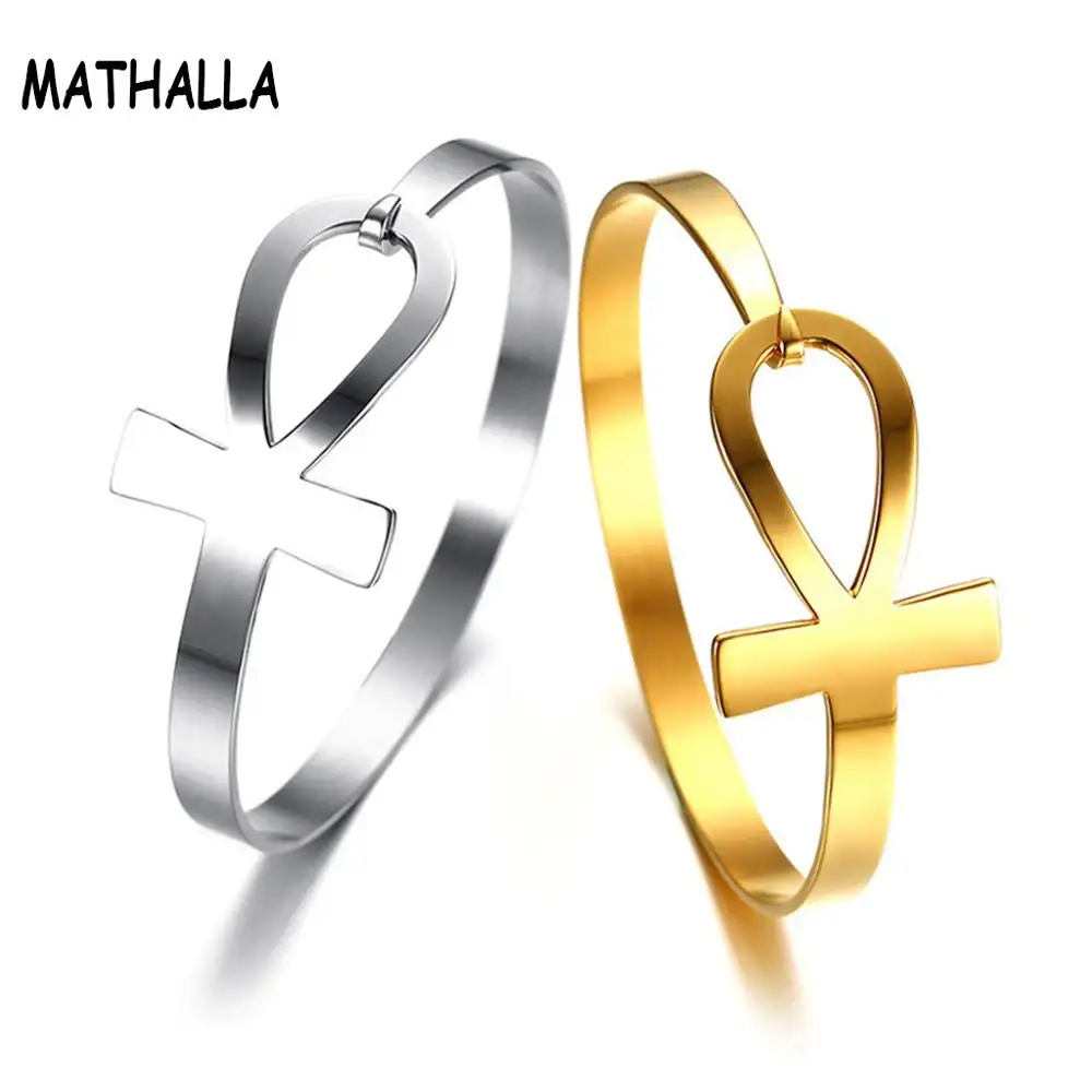 Minimalist Jewelry Stainless Steel Ankh Cross Bangle Gold Steel Color Cuff Bracelet Charm For Women Fashion Jewelry Wholesale