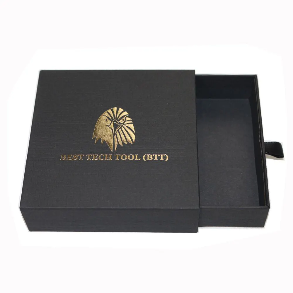 Caixa de papel da gaveta com logotipo personalizado, textura preta com logotipo da folha de ouro para deslizar para fora
