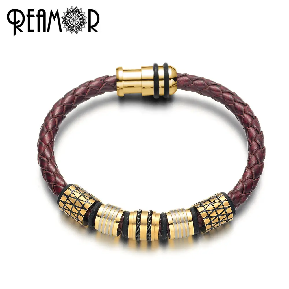 REAMOR — Bracelet en acier inoxydable, cuir véritable, plaqué or, rouge, marron, 361l