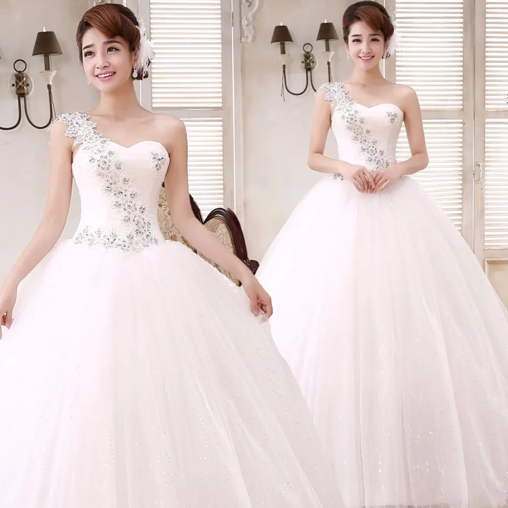 Mode Eine Schulter Hochzeit Kleid Pailletten Perlen Spitze Blume Weiß Hochzeit Kleider