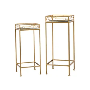 Set of 2 Modern Designed Golden Painting Nesting Accent Metal Square End Coffee Table with Glass Mirror Top