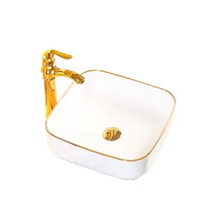 Bacia de cerâmica para banheiro, decoração simples e elegante para banheiro, branco com lavatório dourado