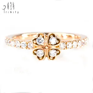 Delicate Design 18K Rose Gold Diamond Finger Ring Lucky Four Leaf Clover Ring