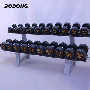 중국 공장 체육관 기본 장비 액세서리 블랙 40kg 50kg PU 라운드 고무 코팅 고정 아령 세트 로고