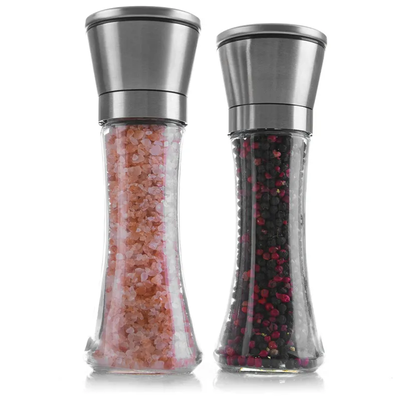 Premium Stainless Steel Salt and Pepper Grinder Set of 2 - Brushed Stainless Steel Salt Pepper Mill, 8 Oz Glass Tall Body