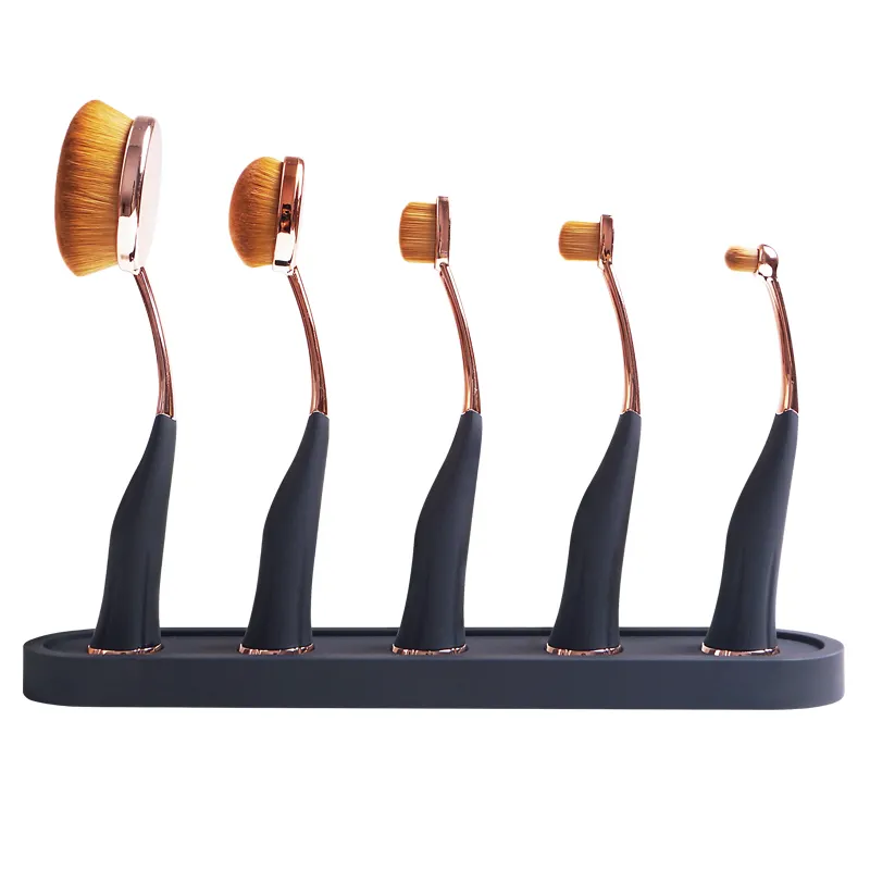 5Pcs set Gold Handle Toothbrush Shape Oval Foundation Makeup Brushes Set With Holder Private label brush Cleaner