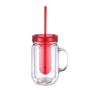 Custom plastic double wall 20oz mason jar tumbler cups with handle and straw