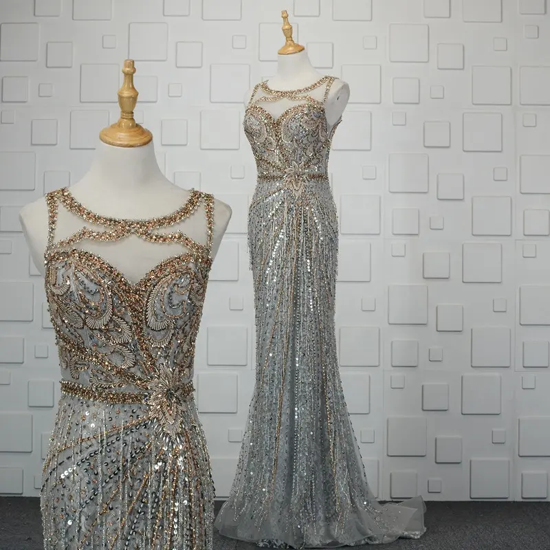 Vestidos longos de festa femininos, vestido longo frisado de prata de luxo para noite 2019