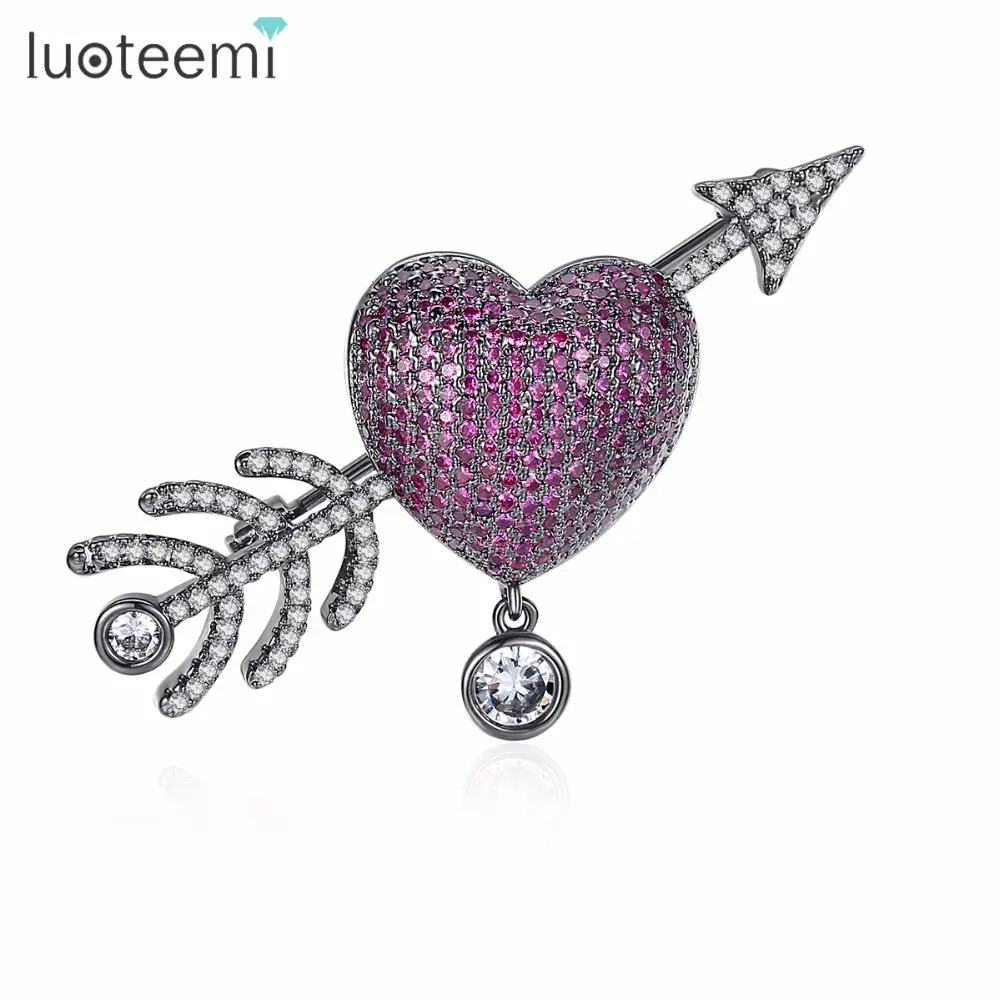 LUOTEEMI Black Gold Color New Fashion Hot Unique Big Red Rhinestone Brooch Heart Pin With Arrow For Women Love Gift