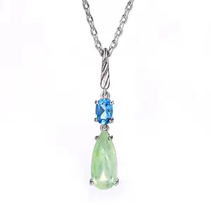 Natural Gemstone Prehnite & Topaz 925 Sterling Silver Chain Pendant Necklace S925 Silver Color Jewelry For Women NI063