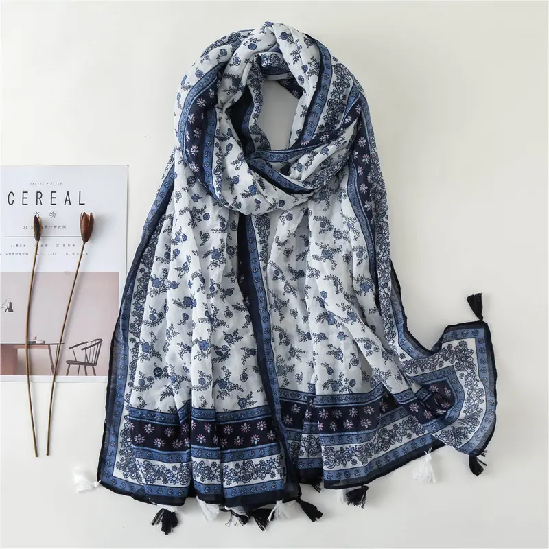 Wholesale 2019 fashion stole and scarf high quality navy bohemia floral print tassel woman scarf polyester