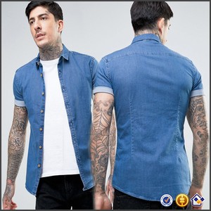 Nuova <span class=keywords><strong>Camicia</strong></span> in Denim Morbido KY per Uomo, Colletto Aperto, Abbottonatura Frontale, Manica Corta, Lavaggio Blu Medio, Vestibilità Aderente Elasticizzata - Product Image 2