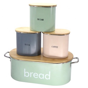 Kitchen Metal Food Storage Container Box Can Bread Bin with Bamboo Lid and 3 Coffee Sugar Tea Canister Set